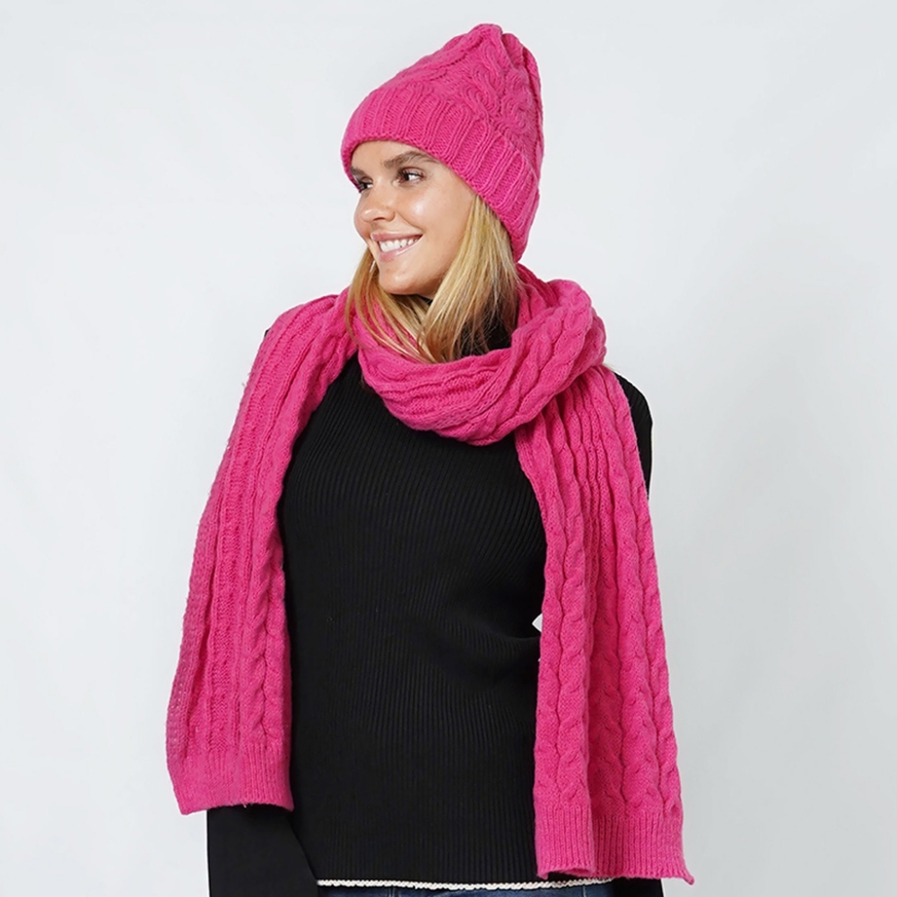 Pink Fuchsia Cable Knit Style Beanie Hat and Scarf Set Winter Fashion Accessory